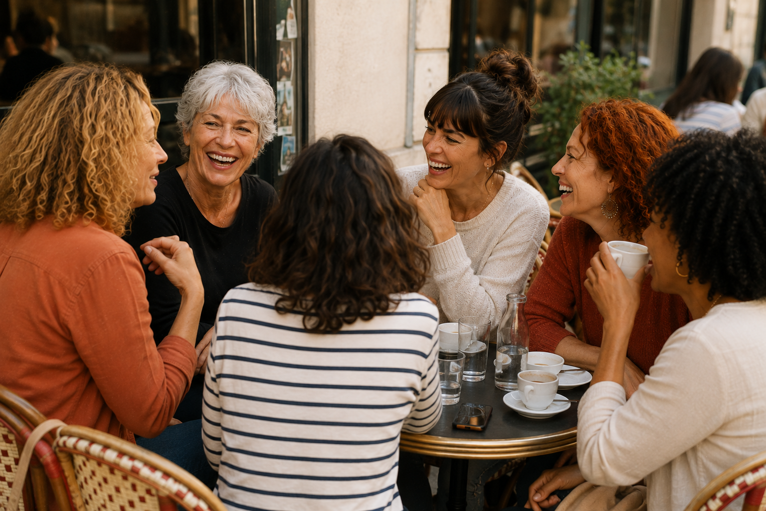 Six femmes discutent et rient à la terrasse d'un café.